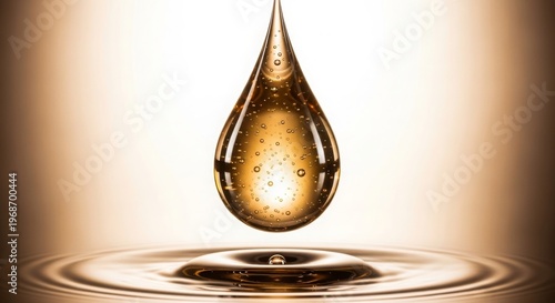 Golden liquid drop falling into water with ripples on surface