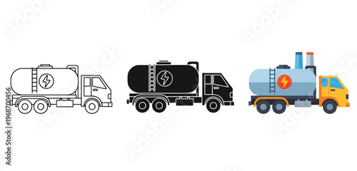 Electric fuel truck icons Vector Set in Three Styles — Line Art, Silhouette and Color Version, including line art, solid black silhouette, and colorful flat vector illustration
