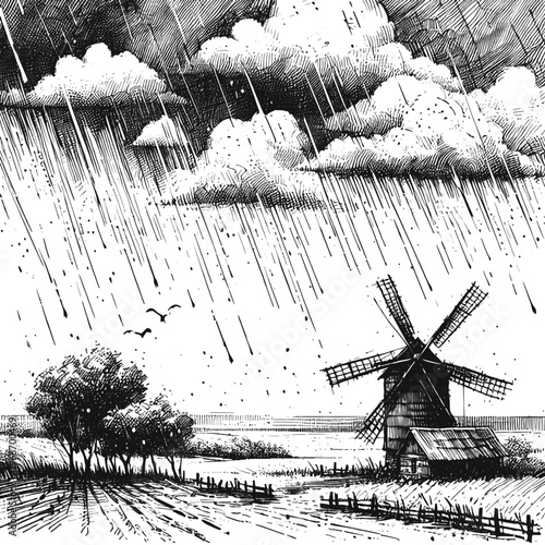 Line art sketch drawing of a rural countryside landscape during heavy rainfall. Large textured clouds dominate the sky, releasing vertical lines of rain. Rolling hills and a winding path vector svg