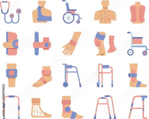 Medical rehabilitation and orthopedic support icon set with bandages braces wheelchair walker crutches injury recovery healthcare flat illustration collection