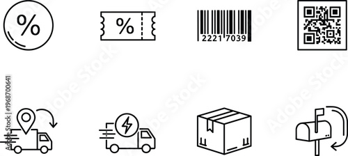 E commerce delivery and marketing icons set with percent discount barcode qr code and shipping trucks.