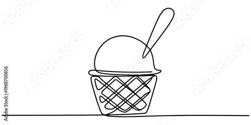 A single continuous line drawing of a delicious ice cream scoop served in a crunchy waffle bowl Vector, illustration