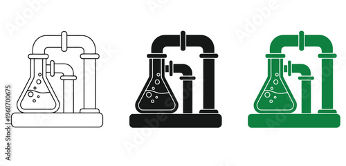 Chemical laboratory flask Vector Set in Three Styles — Line Art, Silhouette and Color Version with pipes icon set, industrial chemistry concept, vector illustration