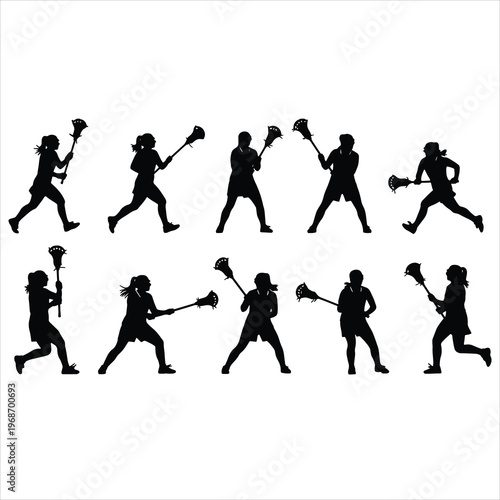 Set of women's lacrosse athlete silhouettes isolated on white. High-action sports poses for team graphics.