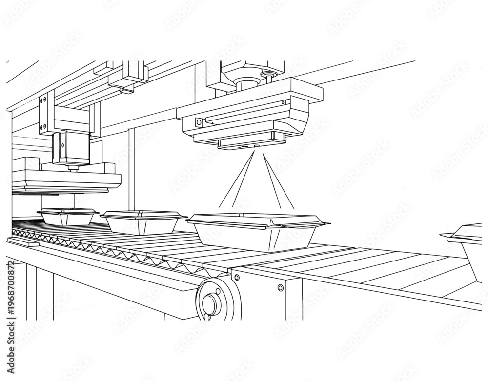 Fototapeta premium Automated conveyor belt system with robotic sensors scanning food containers in a smart factory production line, industrial 3D wireframe illustration for manufacturing concepts.