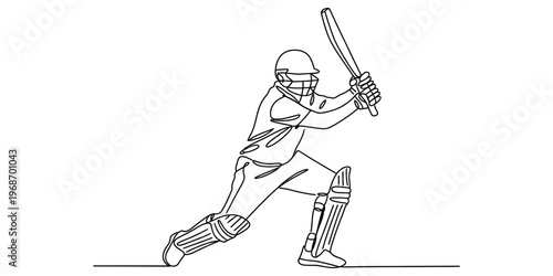 A simple black and white line drawing of a cricket player holding a bat in a defensive stance Vector, illustration
