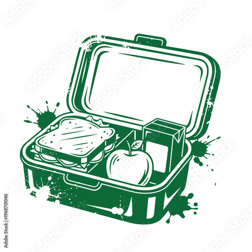 Green lunchbox with sandwich apple and milk carton inside