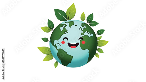 Eco friendly earth, green globe, smiling planet, vector icon