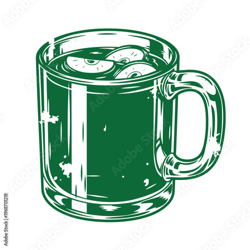 Green mug with handle and ice cubes drink beverage
