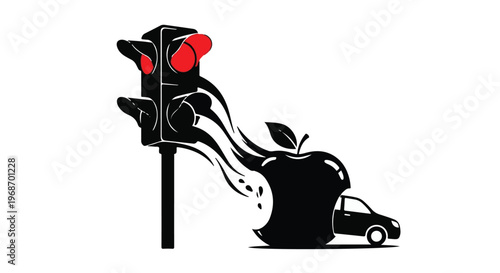 Silhouette of a girl holding a flower with traffic light symbols in an urban setting