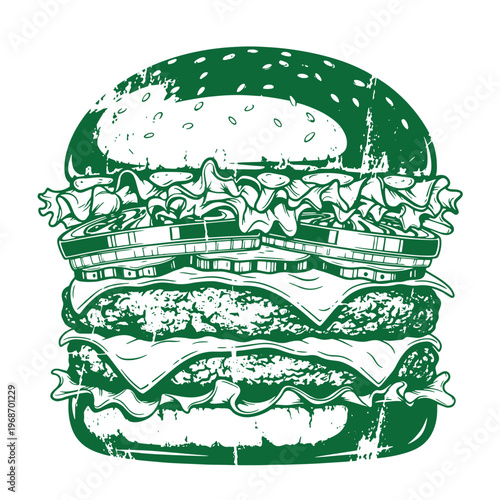 Green of a double cheeseburger with lettuce and sesame seed bun green sesame seed bun beef patties