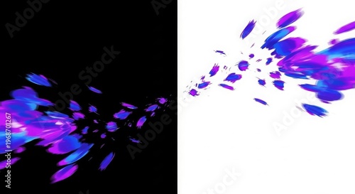 Vibrant purple and blue paint splashes on black and white backgrounds