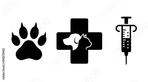Paw print, vet cross, and syringe icons