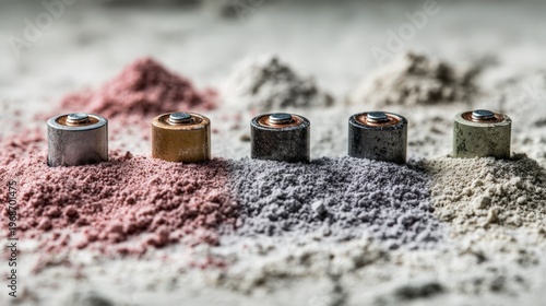 Batteries and powder materials spread on a gray surface in a workshop setting for analysis and testing purposes