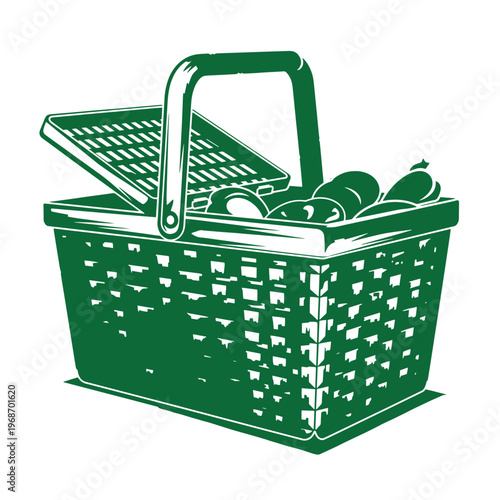 Green picnic basket with handle and lid open filled with fruit wicker