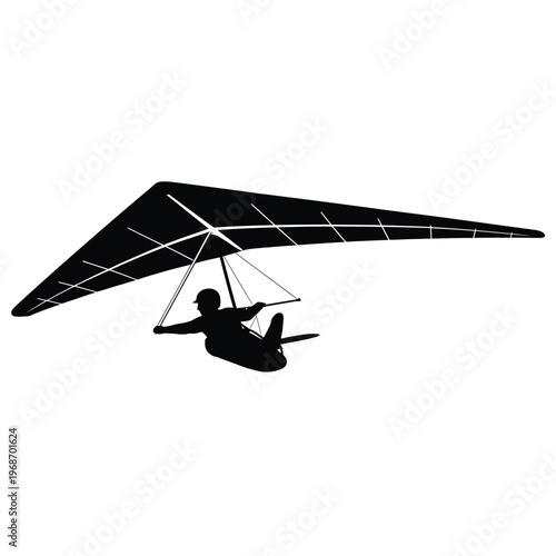 Silhouette of a hang glider soaring through the air depicted in black