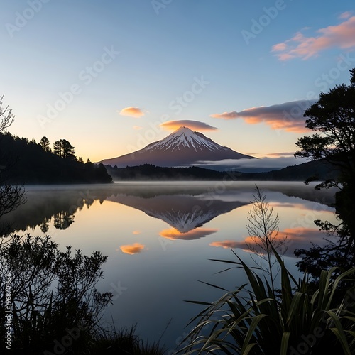 Stunning mountain reflected in tranquil lake at dawn.
