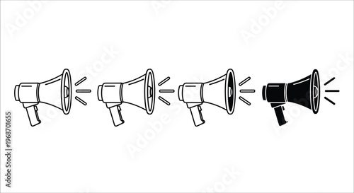 Set of megaphones and sound waves black and white illustration on transparent background.
