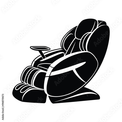 Black and white illustration of a modern massage chair in profile view