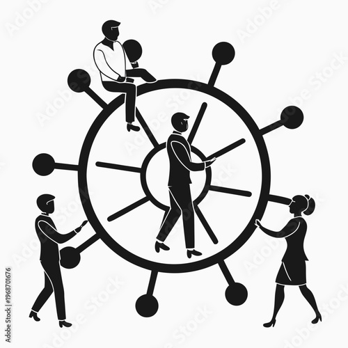 3D illustration of a global business team of people holding hands around a paper globe symbol to represent communication, unity, and partnership in a worldwide network connection