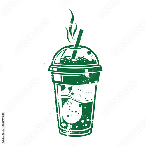 Green soda cup with straw and lid on white background