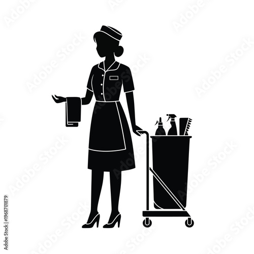 A black silhouette of a hotel maid with cleaning supplies and cart