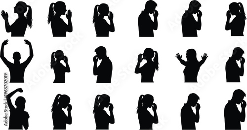 Black silhouettes set of people in wheelchairs, disabled individuals with canes, physical therapy, and inclusive accessibility poses isolated on white