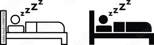 Sleeping person in bed, sleep icon, rest, nighttime, Zzz symbol, relaxation, comfort, lifestyle, outline, solid.