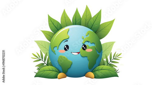 Eco friendly globe icon, green earth symbol, cartoon planet illustration, environmental conservation logo