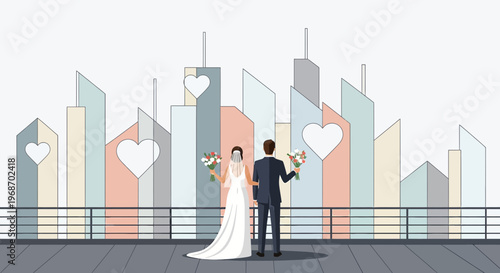 Wedding Couple with Cityscape and Heart Symbols