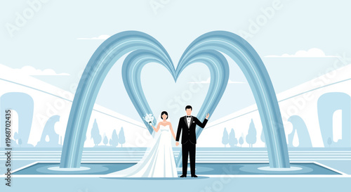 Wedding Couple with Heart Shaped Fountain - Love and Romance Illustration