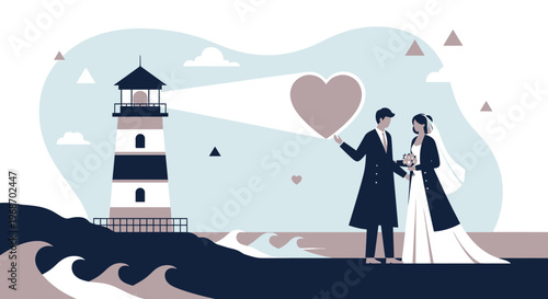 Wedding Couple with Heart and Lighthouse Illustration