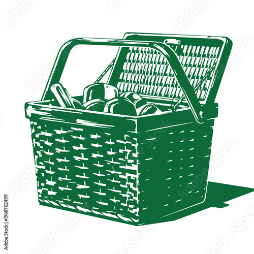 Green wicker picnic basket with food and wine bottles inside