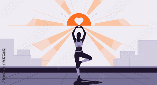 Woman Doing Yoga Tree Pose with Heart Sunburst Over City Skyline