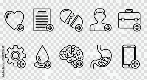 Healthcare and medical services icons set with heart pill brain stomach and professional case symbols.