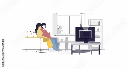 Minimal family watching TV vector illustration living room EPS10 isolated