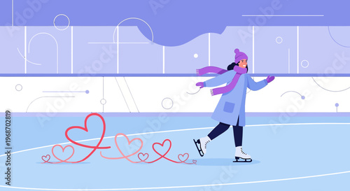 Woman Ice Skating with Hearts, Winter Romance and Love Concept Illustration