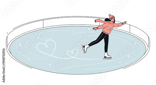 Woman Ice Skating with Heart Trails, Winter Romance and Joyful Movement