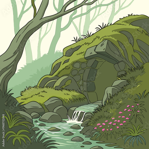 A hidden mossy grotto with a tiny, crystal-clear spring bubbling between rocks. 1