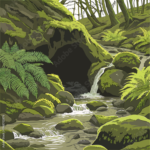A hidden mossy grotto with a tiny, crystal-clear spring bubbling between rocks.