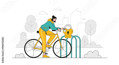 Woman locking bicycle at city bike rack, urban commute, sustainable transport
