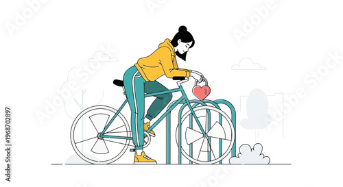 Woman locking bicycle with heart-shaped padlock, symbol of love and commitment