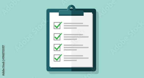 Checklist on clipboard icon with green marks and lines for task management or survey concept vector.