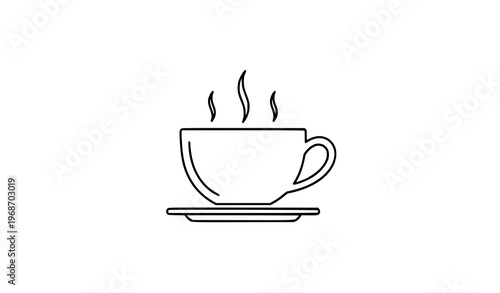 Coffee cup outline icon with steam and saucer black line art vector illustration
