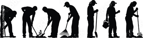 Black silhouettes set of professional gardeners and farmers planting, raking, digging, and watering plants isolated on white background, agriculture, horticulture