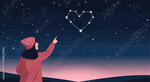 Woman points at heart constellation in starry night sky, romantic illustration