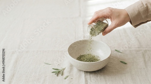 Pouring Dried Herbal Leaves into Bowl on Linen Background – Minimal Natural Food and Wellness Concept