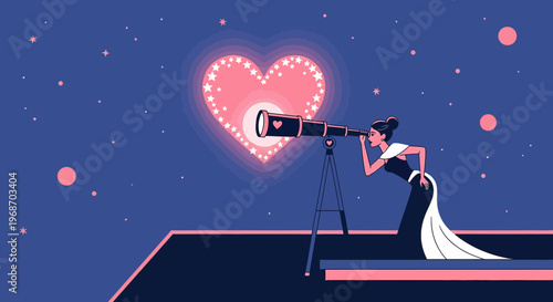 Woman with Telescope Searches for Love Heart in Starry Night Sky