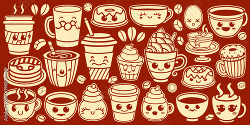 Cute cartoon illustration of various hot beverages and coffee beans