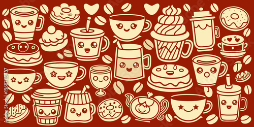 Cute cartoon illustration of coffee desserts and sweet treats